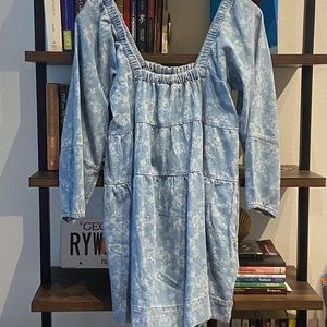 Free People Lou Jean Babydoll Tiered Mini Dress Floral Denim Square Neck
